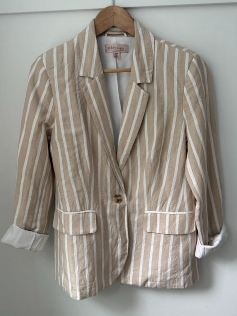 PHILOSOPHY Tan Beige White Striped Linen Blend Blazer